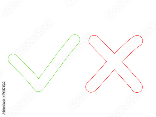 .A hand-drawn green check mark and red cross symbol side by side on a black background. White doodle-style lines with glowing edges representing correct and wrong signs.