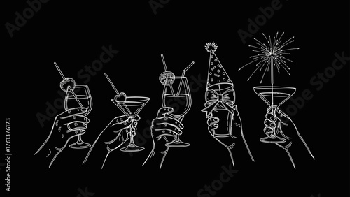 Festive Celebration Line Art: Hands Holding Cocktails and Party Favors on Black Background