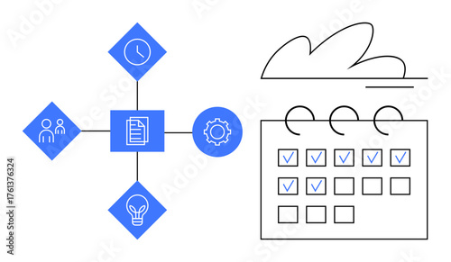 Calendar with checkmarks beside icons of clock, team, document, gear, and light bulb connected by lines. Ideal for scheduling, planning, productivity, time management organization teamwork project