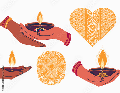 Hands holding lit diyas, symbolizing light, tradition, and celebration, alongside decorative patterned heart and oval shapes.
