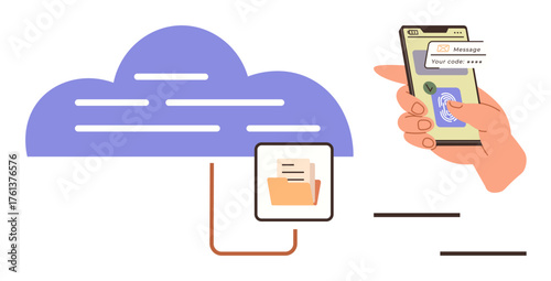 Mobile hand accessing secure cloud data via OTP with folder icon. Ideal for security, data transfer, authentication, remote work, cloud services, cybersecurity, modern communication. Simple flat