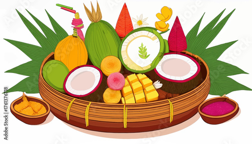 A woven basket filled with an assortment of colorful tropical fruits, including mango, coconut, and other exotic varieties, accented by green leaves and smal...