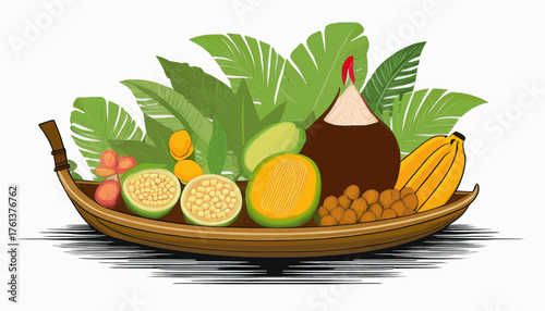 A vibrant illustration of a wooden boat platter laden with fresh tropical fruits and lush green leaves.
