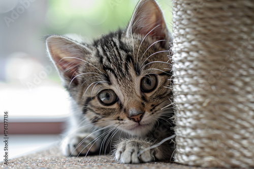 A cute and mischievous kitten playfully hides behind a scratching post, showcasing its youthful energy and curiosity in a charming and endearing manner  