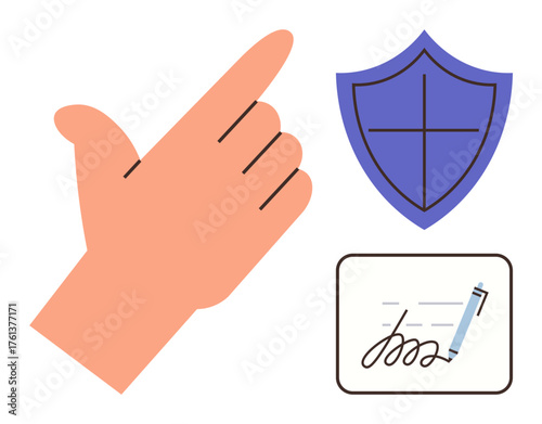 Hand gesture pointing, shield symbol for protection, and document with signature and pen. Ideal for trust, accessibility, contract, safety, digital verification authentication encryption. Simple