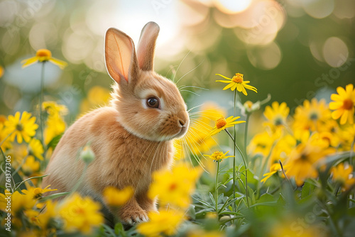 A cute bunny surrounded by vibrant yellow blooms in a picturesque meadow, embodying the beauty of nature and the joy of springtime  