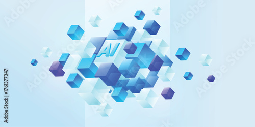 Abstract background with 3D cubes and AI lettering, representing artificial intelligence, blockchain technology, data processing, and futuristic digital innovation concepts.