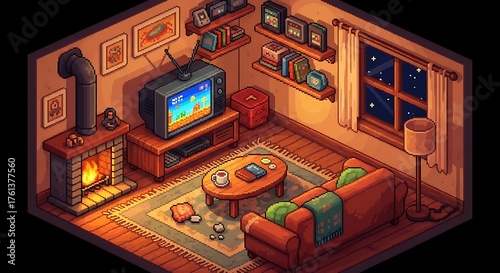 Cozy pixel art living room with warm fireplace glow