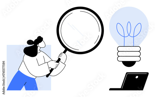Woman holding a magnifying glass, studying a giant lightbulb as a symbol of innovation and ideas near a laptop. Ideal for research, creativity, technology, analysis, solutions, innovation, education