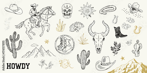 Western cowboy elements collection featuring horse rider cactus skull boots and mountains