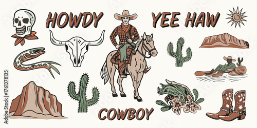 Western cowboy collection with horse skull cactus boots and desert landscape elements