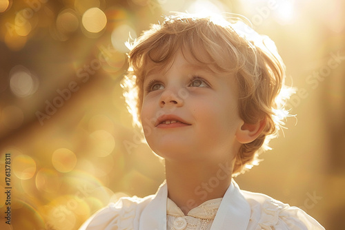 A delightful young boy enjoying sunshine in his pure white outfit, exuding happiness and purity with his angelic appearance   