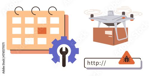 Calendar with task gear, quadcopter delivering a package, and link with malware alert triangle. Ideal for technology, logistics, scheduling, cyber risk, digital innovation, software simple flat