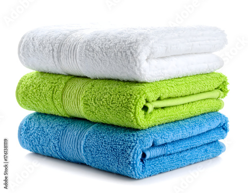 A stack of three neatly folded, brightly colored Quick-Dry Towels (different sizes), isolated
