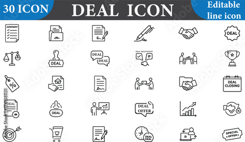 A versatile set of deal icons, perfect for illustrating business agreements, contract negotiations, and successful partnerships. Ideal for presentations and websites.