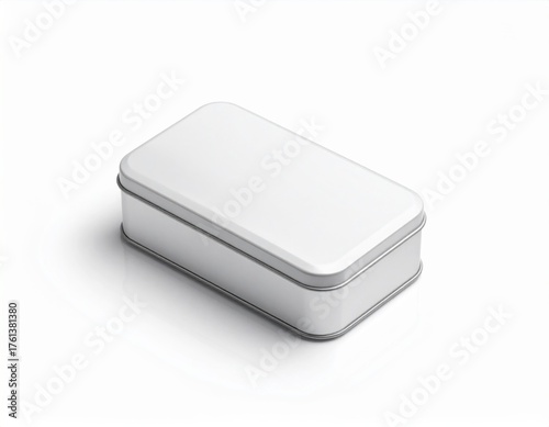 Blank Rectangular Tin Container Mockup: Hinged Lid on Isolated White Surface. Premium Packaging & Minimalist Branding