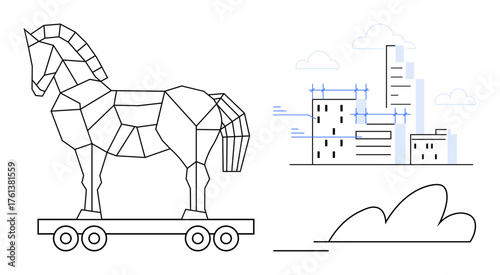 Trojan horse on wheels next to modern building construction elements as metaphor for cybersecurity risk. Ideal for hacking, deception, software, data breach, technology, innovation, architectural