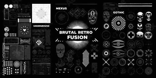 Brutal retro fusion collection of abstract grunge elements and gothic skulls