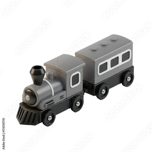 A classic gray toy train featuring a locomotive steam engine and passenger car. Detailed 3D isometric illustration of a children's railway model