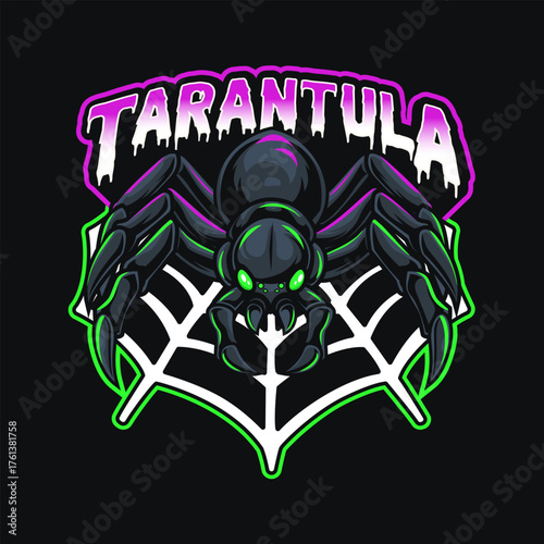 Fierce tarantula spider mascot with glowing green eyes on a web, an aggressive arachnid character for a gaming or esports team logo design