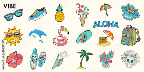 Collection of vibrant summer vacation icons and symbols including a sun flamingo pineapple and aloha text