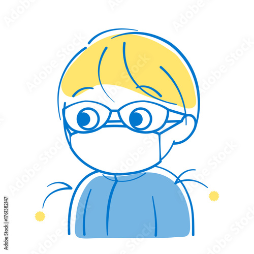 マスク、眼鏡、花粉のつきにくい上着を着てアレルギー対策をしている人