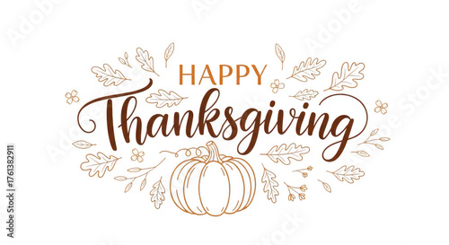 Happy thanksgiving handwritten calligraphy with autumn leaves and pumpkin isolated on transparent background