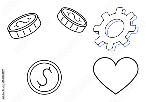 Floating coins, a gear, and a heart communicate themes of wealth, productivity, and emotions. Ideal for business, finance, teamwork love integrity automation and collaboration. Simple flat