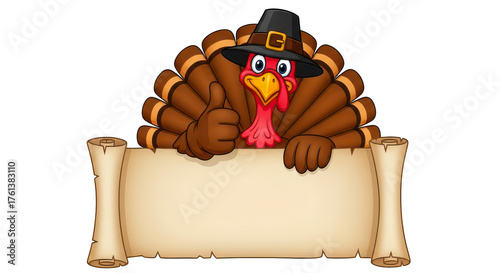 Cartoon thanksgiving turkey wearing a pilgrim hat holding a blank scroll isolated on transparent background