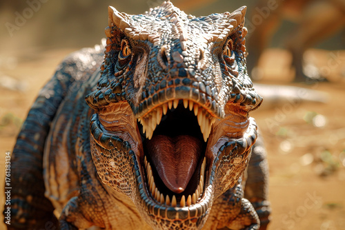 A detailed and captivating close-up of a fearsome dinosaur showcasing its powerful jaws and ferocious nature, perfect for illustrating the strength and majesty of ancient creatures  