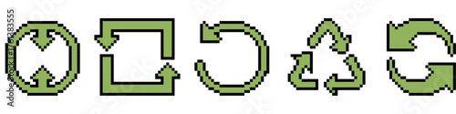 Pixel recycle reuse reduce icon vector. Ideal for sustainability, ecology, and environmental themes. This digital graphic is perfect for game, retro game, or 8 bit design projects and assets.