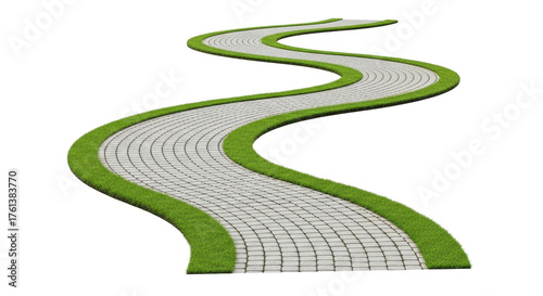 Serpentine garden path paved with stone bricks and bordered by vibrant green grass leading onward toward discovery.