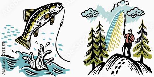 A dynamic illustration of a leaping trout being caught by a fisherman on a scenic mountain landscape