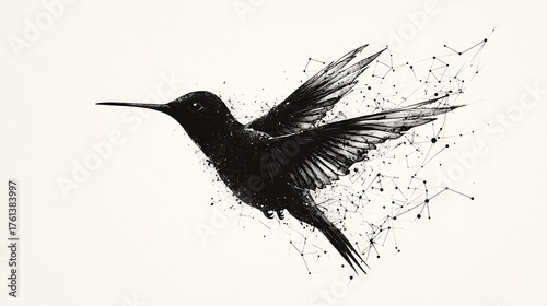 Minimalist digital art of black hummingbird in flight on white background

