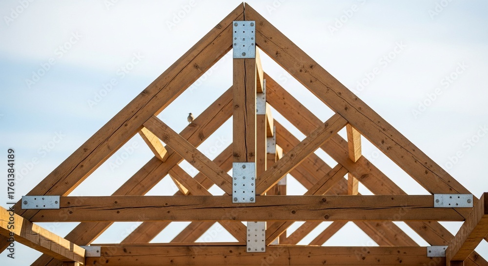 Obraz premium Close-up of a large wooden truss with metal plates, forming the triangular framework of a roof structure