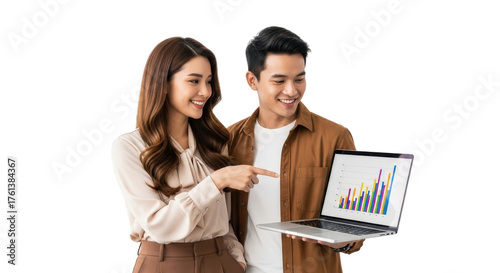 Confident business partners collaborating on financial data presentation with laptop showing growth charts