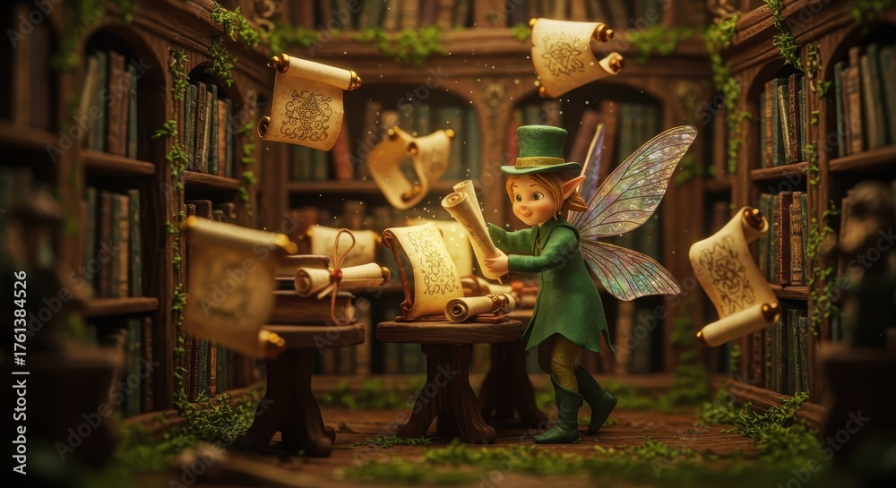 Naklejka premium Small winged figure in green attire examines scrolls in a mystical library.
