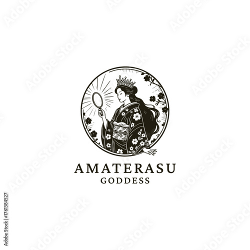 Vintage engraving of the Japanese Goddess Amaterasu, the Shinto solar deity. This elegant logo shows the goddess wearing a kimono and holding the sacred mirror, framed by a floral wreath