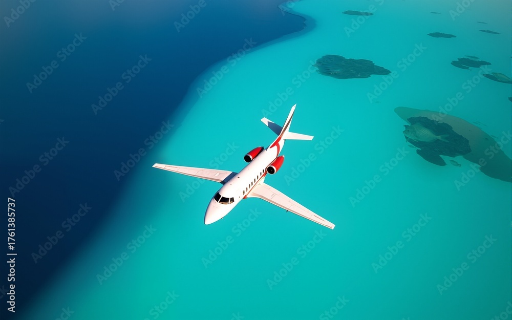 Fototapeta premium Aerial View of Airplane Flying Over Vibrant Blue and Turquoise Tropical Waters. High quality