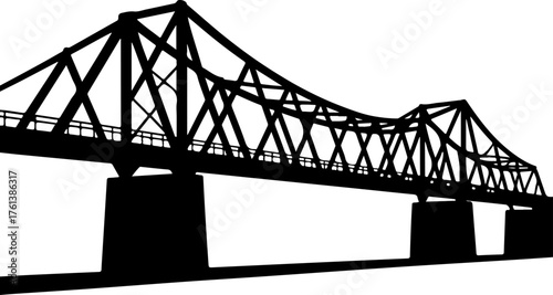 truss bridge with intricate geometric support structures and solid pillar foundations