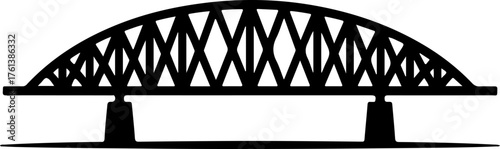 truss bridge with intricate geometric support structures and solid pillar foundations