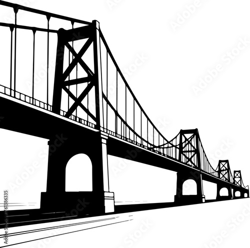truss bridge with intricate geometric support structures and solid pillar foundations