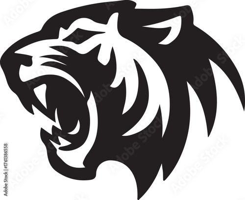 Roaring Tiger Emblem: A striking black and white emblem of a ferocious tiger, exuding strength and power through its intimidating roar.