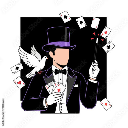 Magician Performing Card Trick with Dove and Flying Cards.