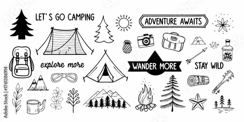 Hand drawn doodle elements for camping and outdoor adventure with inspirational quotes like lets go camping and adventure awaits
