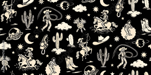 Whimsical western cowboy and cowgirl pattern with cacti planets and stars on black background