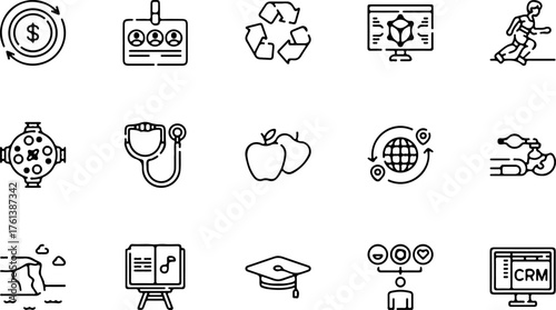 A diverse collection of black and white line art icons representing concepts like business, health, technology, and education.