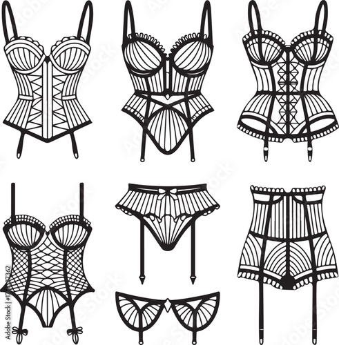 A detailed collection of vintage and retro-inspired women's corsetry, including corsets, garter belts, and intricate lingerie designs for apparel