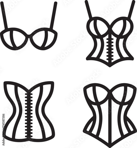 A collection of female corsets and bustier line icons representing vintage and contemporary fashion garments for women's apparel design