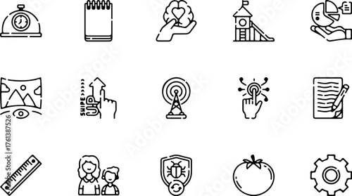 A diverse collection of black and white line art icons representing various concepts like technology, health, and daily life.